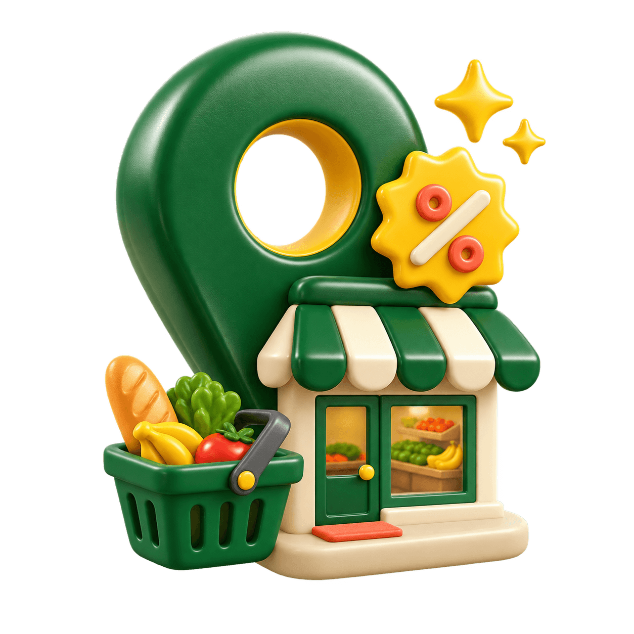 Ilustração de uma loja próxima com marcador de localização