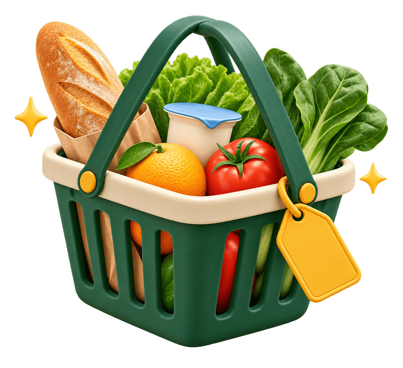 Cesta com alimentos frescos e etiqueta de desconto
