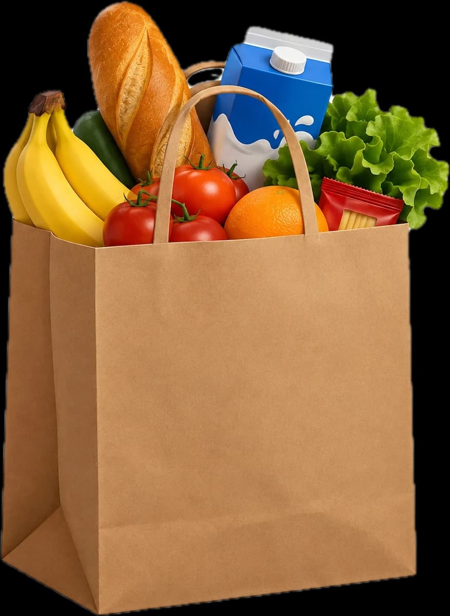 Sacola de papel cheia de compras: pão, bananas, tomates, leite, laranja e alface